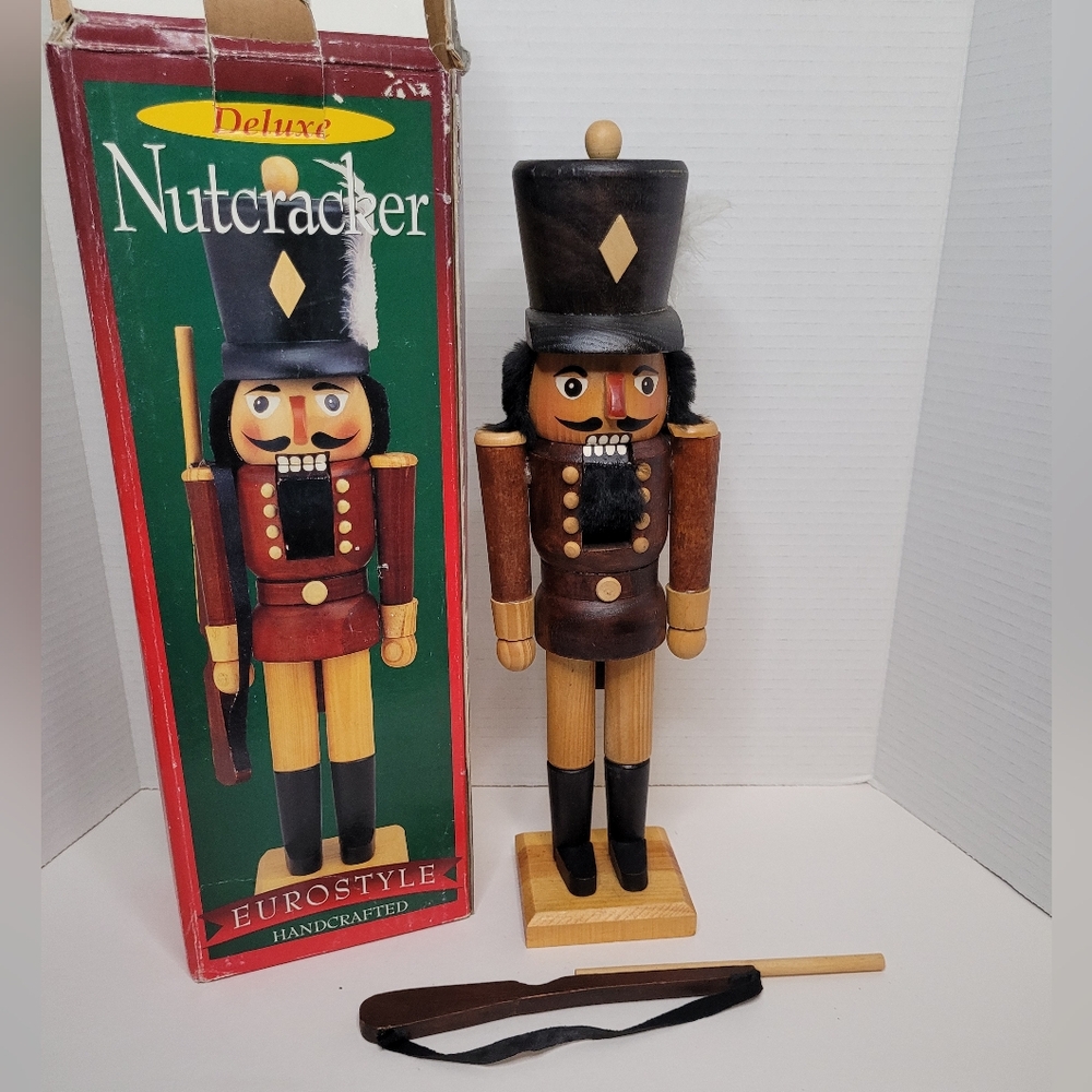 Deluxe Vintage Tall Wooden Nutcracker Soldier with Rifle Original Box Christmas